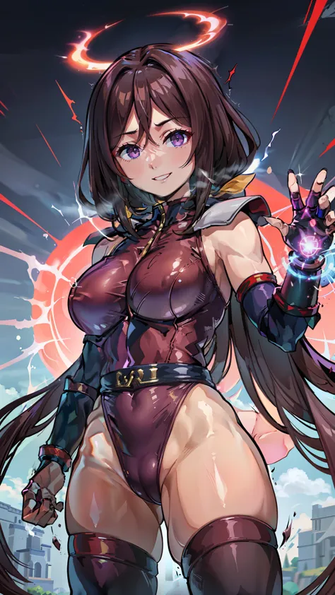 1 girl,NSFW,Tazuna Hayakawa ,hunting, Thighhighs, cape, red leotard, clavicle, absurd, brainwashing,Combatant, empty eyes,((RED 輝く eyes 1.5)),  ((huge breasts 1.8)) ,fearless smile,look down , whole body shape, ((Purple aura, energy,swirling energy, dynami...