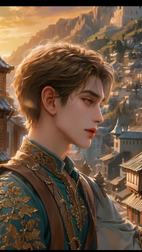 masterpiece, intricate, best quality, portrait of a character from eragon movie, a male idol short hair in a detailed scenery town background 