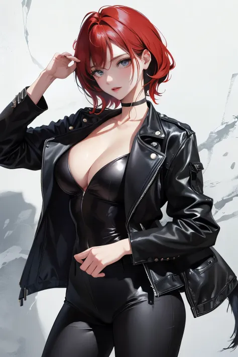 (highest resolution, clear_image) highest quality, a females masterpiece, very detailed, semi-realistic,(most of the body), (highest quality, masterpiece, Super realistic),deep red hair, wolf cut, Torn black bangs, open jacket, shadows on the eyes, short h...