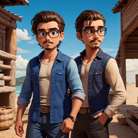 Two twin characters, masculinos, cabelos pretos com cavanhaque bigode e oculos