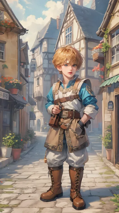 (masterpiece,best quality,ultra_detailed,highres,absurdres),1boy, perfect face, handsome, shorthair, character from gba game shining force, detailed scenery of town england style, detailed character 