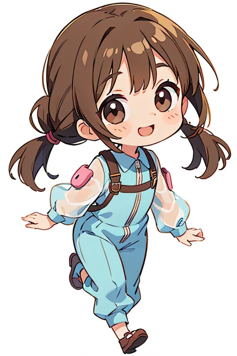 cute baby girl, round face, shoulder-length hair tied into 2 pigtails, big eyes, light brown jumpsuit, smile, [transparent background], chibi, white background, running