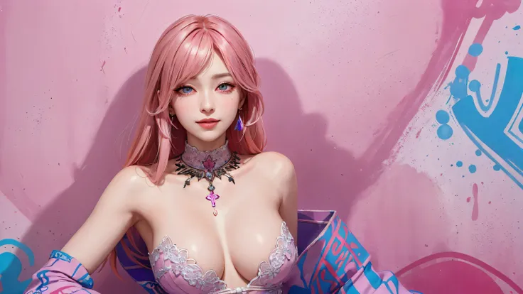 (masterpiece, best quality, 1girl, solo, intricate details, chromatic aberration), realistic, ((medium breath)),long hair, pink hair, red head ornament, pink highlights, hair over one eye,purple eyes, earrings, sharp eyes, choker, neon shirt, She wears a c...