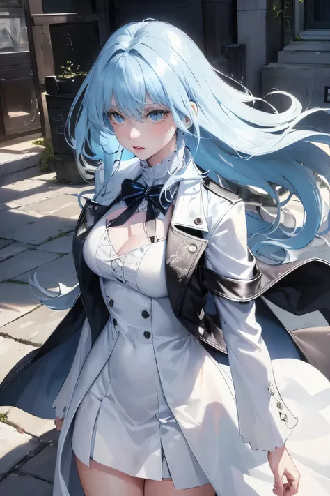 (highest resolution, clear_image) highest quality, a females masterpiece, very detailed, semi-realistic,(most of the body), (highest quality, masterpiece, Super realistic),blue hair, wolf cut, Torn black bangs, open jacket, shadows on the eyes, long hair, ...