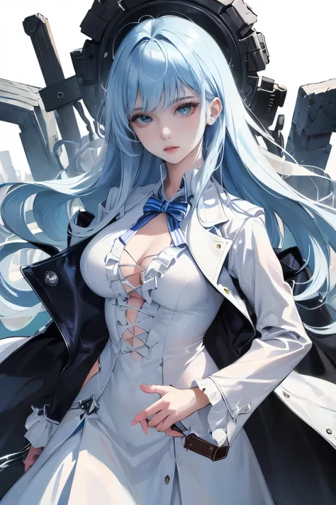 (highest resolution, clear_image) highest quality, a females masterpiece, very detailed, semi-realistic,(most of the body), (highest quality, masterpiece, Super realistic),blue hair, wolf cut, Torn black bangs, open jacket, shadows on the eyes, long hair, ...