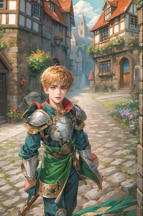 (masterpiece,best quality,ultra_detailed,highres,absurdres),1boy, perfect face, handsome, shorthair, character from gba game shining force, detailed scenery of town england style, detailed character 