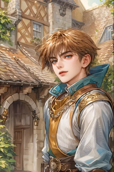 (masterpiece,best quality,ultra_detailed,highres,absurdres),1boy, perfect face, handsome, shorthair, character from gba game shining force, detailed scenery of town england style, detailed character 