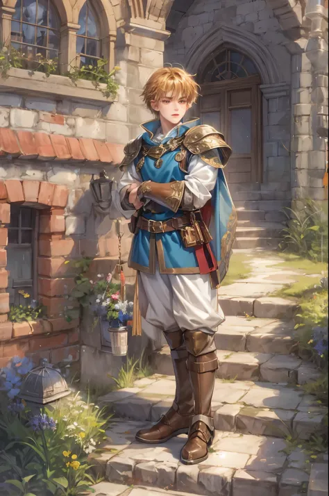 (masterpiece,best quality,ultra_detailed,highres,absurdres),1boy, perfect face, handsome, shorthair, character from gba game shining force, detailed scenery of town england style, detailed character 