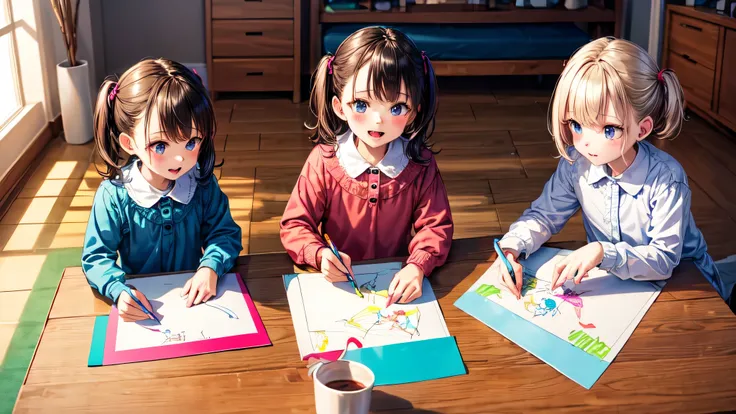 the twins drawing on the floor with paper and crayons. fundo branco, - (Two brunette twins, de 5 anos, roupas rosa)