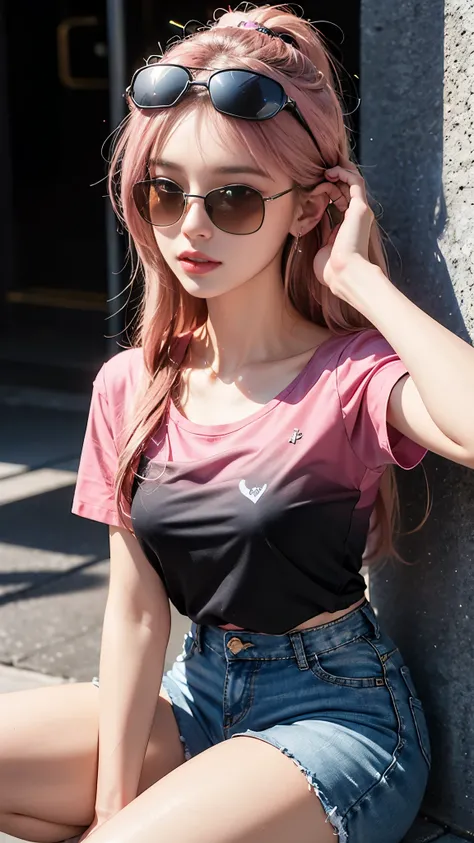 (best quality:1.2,4k ultra hd:1.2), a girl, beautiful face, full and glossy lips, long flowing hair, perfectly straightened, small breasts, (gradient pink t-shirt:1.5), (black straps t-shirt:1.4), black jeans, complete with a cap, (sparkling sunglasses:1.5...