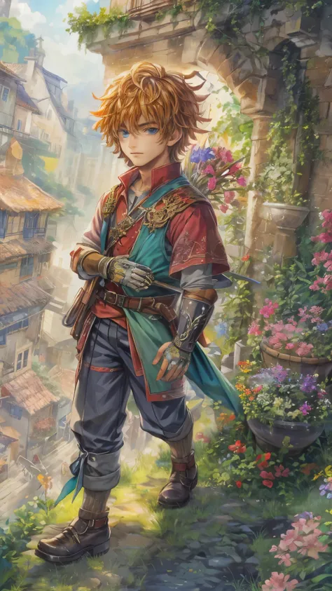 (absurdres, highres, ultra detailed, HDR), masterpiece, intricate, best quality, portrait of a character from "Sword of Mana", a male hero in a detailed scenery town background 