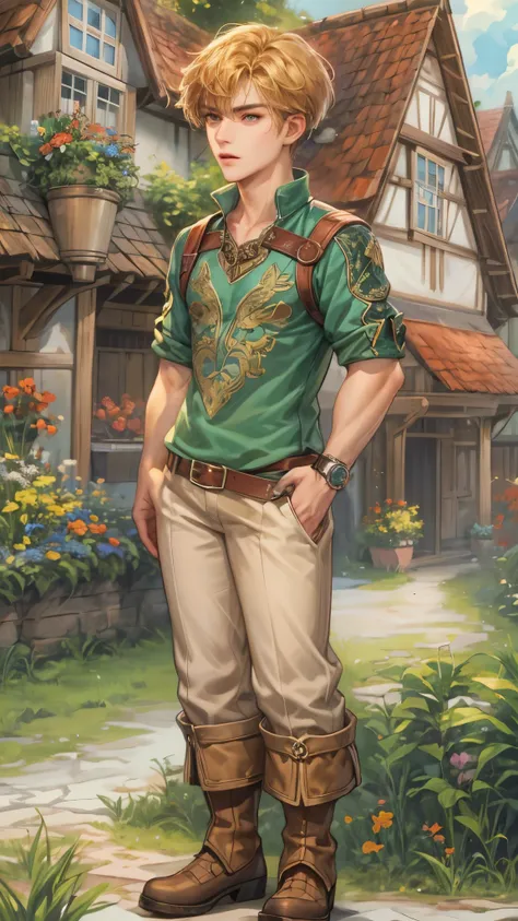 (masterpiece,best quality,ultra_detailed,highres,absurdres),1boy, perfect face, handsome, shorthair, character from gba game shining force, detailed scenery of town england style, detailed character 