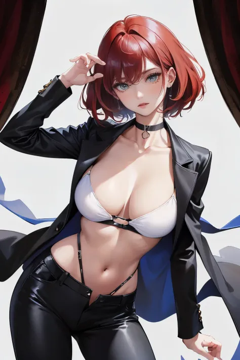 (highest resolution, clear_image) highest quality, a females masterpiece, very detailed, semi-realistic,(most of the body), (highest quality, masterpiece, Super realistic),deep red hair, wolf cut, Torn black bangs, open jacket, shadows on the eyes, short h...