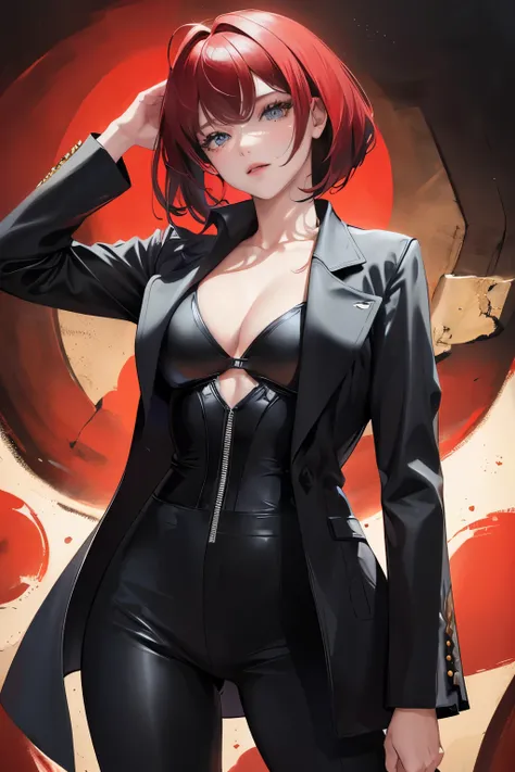 (highest resolution, clear_image) highest quality, a females masterpiece, very detailed, semi-realistic,(most of the body), (highest quality, masterpiece, Super realistic),deep red hair, wolf cut, Torn black bangs, open jacket, shadows on the eyes, short h...