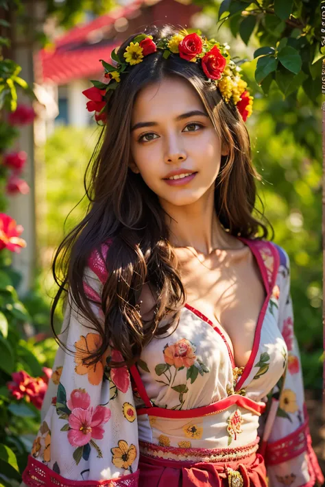 (best quality,realistic:1.2),beautiful Spanish girl,detailed eyes,luscious lips,flowing brunette hair,warm sunlight,captivating smile,vibrant colors,traditional Spanish dress,flower crown,garden background,floral elements,rich texture,portrait style,soft a...