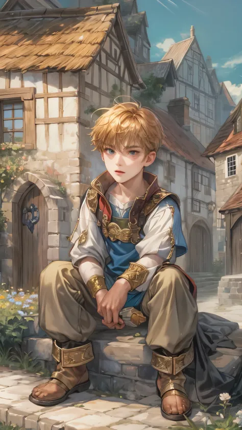 (masterpiece,best quality,ultra_detailed,highres,absurdres),1boy, perfect face, handsome, shorthair, character from gba game shining force, detailed scenery of town england style, detailed character 