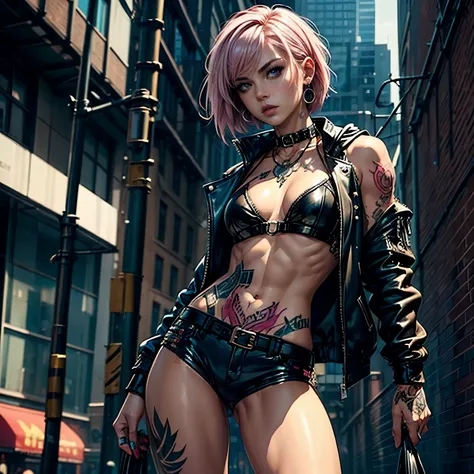 (((top quality: 1.4))),(A masterpiece like no other in history), (ultra high resolution),(Ultra-realistic 8k CG), official art、 (((adult body))), (((1 girl))), ((( bob short hair ))), punk girl with perfect body, jacket with metal spine,Beautiful and well-...