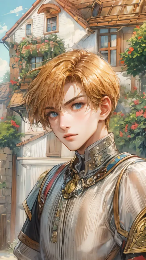 (masterpiece,best quality,ultra_detailed,highres,absurdres),1boy, perfect face, handsome, shorthair, character from gba game shining force, detailed scenery of town england style, detailed character 