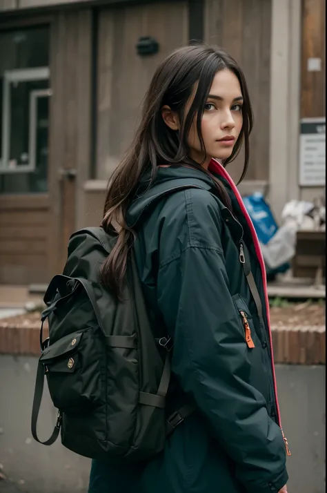 arafed woman with uma mochila walking on a road in front of a mountain, with uma mochila, uma mochila, retrato no meio da cena, Portrait in medium plane, wearing equipamento de aventura, roupas de caminhada, carrying survival gear, a man wearing uma mochil...