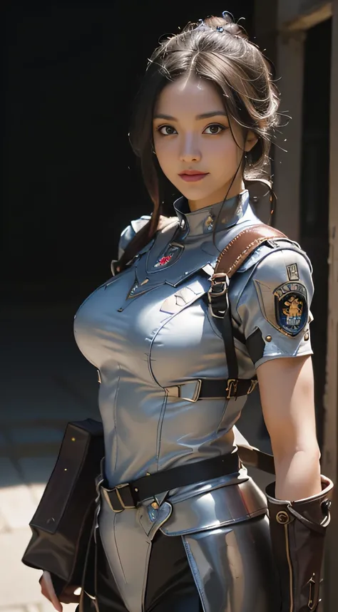 (Highest image quality, Excellent details, ultra high resolution), 1 girl, Wearing a futuristic military uniform((Inspired by the Praetorian Centurions of the Roman Empire, military harness, military equipment，such as bags)), (Charming figure:1.2, Polished...