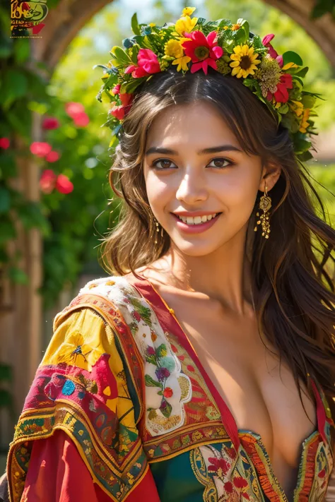 (best quality,realistic:1.2),beautiful Spanish girl,detailed eyes,luscious lips,flowing brunette hair,warm sunlight,captivating smile,vibrant colors,traditional Spanish dress,flower crown,garden background,floral elements,rich texture,portrait style,soft a...