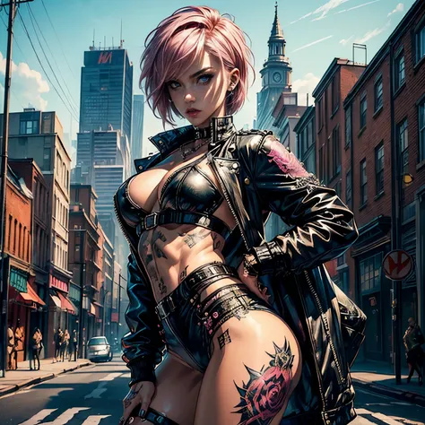 (((top quality: 1.4))),(A masterpiece like no other in history), (ultra high resolution),(Ultra-realistic 8k CG), official art、 (((adult body))), (((1 girl))), ((( bob short hair ))), punk girl with perfect body, jacket with metal spine,Beautiful and well-...