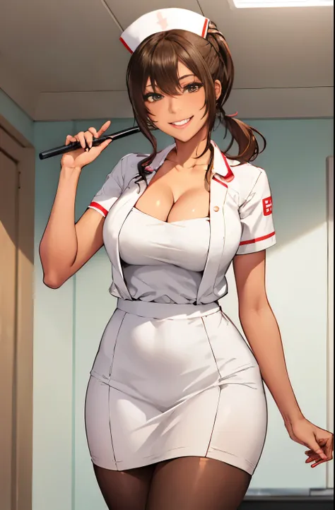 Brown ponytail, cleavage, busty, thighs, white nurse outfit, smiling, standing