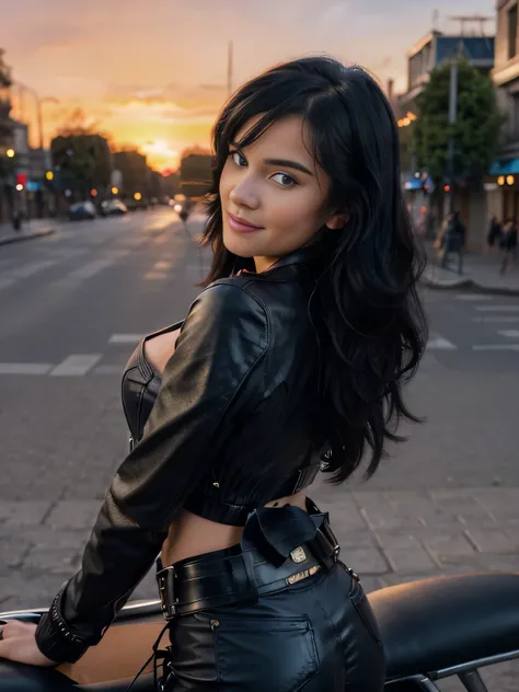 Foreground: a gorgeous bettie page  wavy black hair in the wind. shes a men magazine model, She has a subtle smile and flirts with the camera, (she wears crop leather moto jacket, casual ribbed tanktop and leather pants with big belt:1.2), background posin...