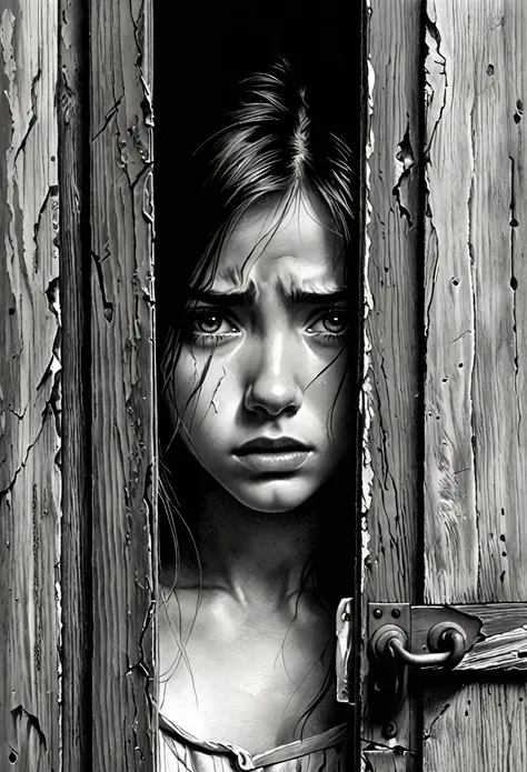 (pencil_sketch:1.2, messy lines, greyscale, traditional media, sketch),1 european girl，1 eyes，(a slanted broken wooden door with...