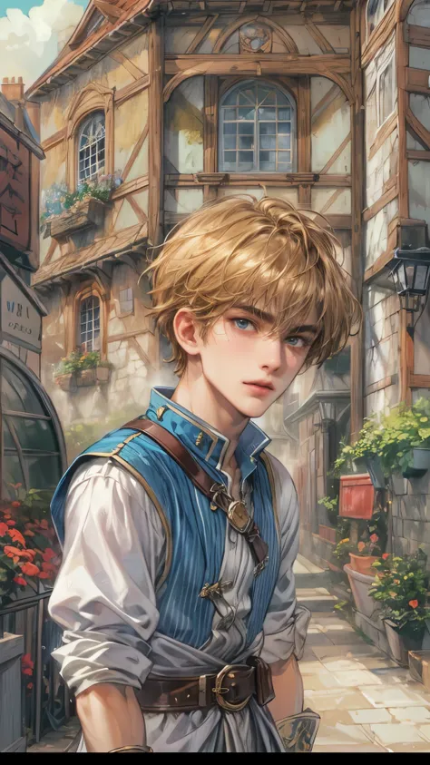 (masterpiece,best quality,ultra_detailed,highres,absurdres),1boy, perfect face, handsome, shorthair, character from gba game shining force, detailed scenery of town england style, detailed character 