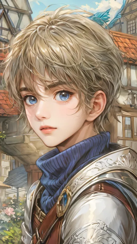 (masterpiece,best quality,ultra_detailed,highres,absurdres),1boy, perfect face, handsome, shorthair, character from gba game shining force, detailed scenery of town england style, detailed character 