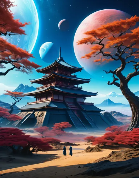 (best quality,4k,8k,highres,masterpiece:1.2), realistic digital painting, sci-fi, building in feudal Japan but in sci-fi style on an alien planet in another galaxy, two moons visible in the sky, immersive background of an alien planet, some strange trees, ...