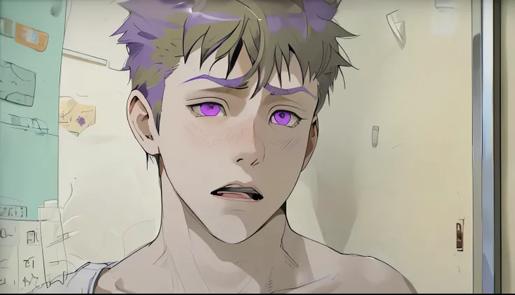 cute young male 16 years old purple hair purple eyes is upset