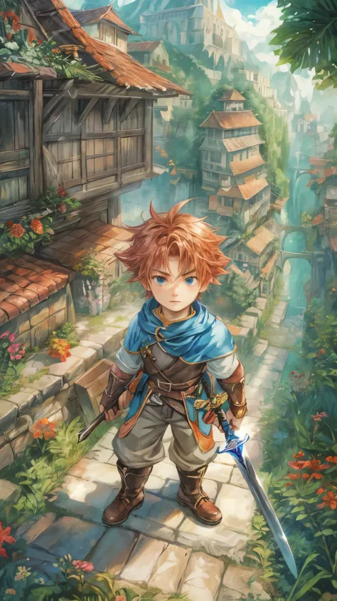 (absurdres, highres, ultra detailed, HDR), masterpiece, best quality, portrait of a young boy character from "Sword of Mana", a male hero in a detailed scenery town of topple, detailed background scenery 