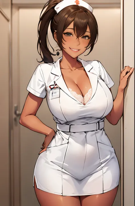 Brown ponytail, cleavage, busty, thighs, white nurse outfit, smiling, standing