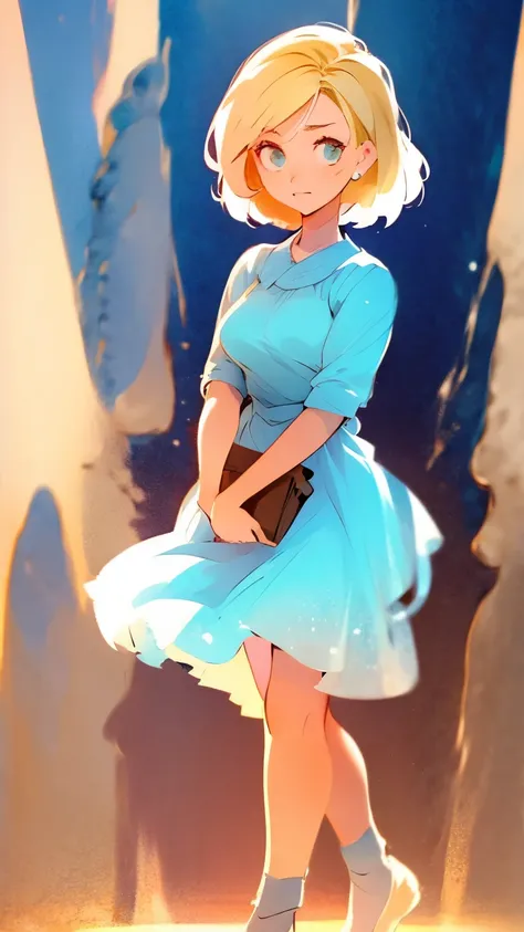 arafed woman in a blue dress and a brown purse walking down a road, a portrait by Zofia Stryjenska, tumblr, symbolism, 5 0 s style, 50s style, 1950s vibes, pinup style, dressed like in the 1940s, 1 9 5 0 s style, ww2 era, very beautiful style