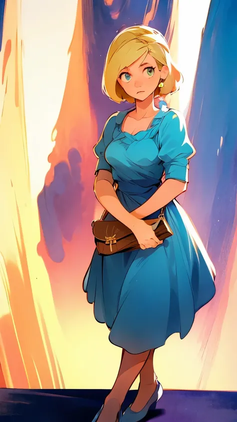 arafed woman in a blue dress and a brown purse walking down a road, a portrait by Zofia Stryjenska, tumblr, symbolism, 5 0 s style, 50s style, 1950s vibes, pinup style, dressed like in the 1940s, 1 9 5 0 s style, ww2 era, very beautiful style