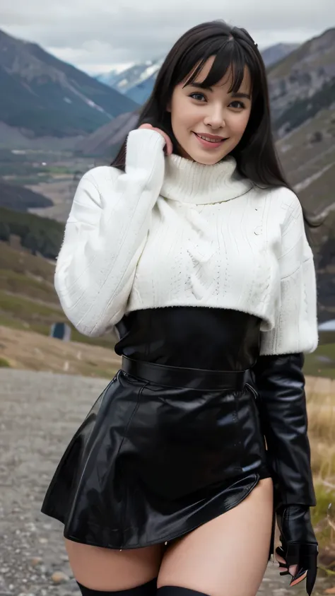 betty page smiling sexy looking girl with and blue eyes and black leather coat , white wool sweater ,black tight cloth gloves, and a black leather skirt on the edge of a montain and the photo is taken from up front