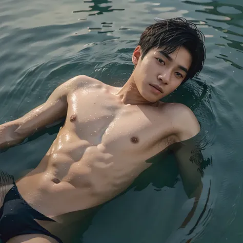 1boy,asian young man,3 days beard,skinny,twink,normal body, in the water ,