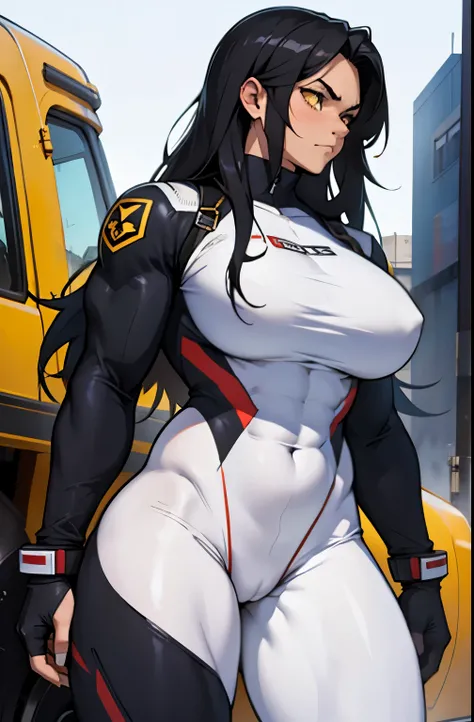 1girl, extremely long hair, solo, ((((muscular)))), veins, black hair, yellow eyes, blushing, (thick thighs), pale skin, strong, veins, abs, big thighs, (huge breasts), navel, standing, angry, bodysuit, skintight, pilot suit