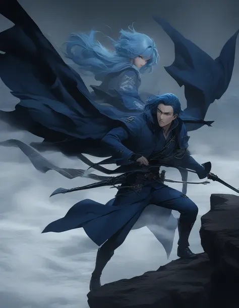 （an anime character with blue hair and blue eyes sits on a cliff） ,handsome guy in the art of slaying demons, wearing blue cloth...