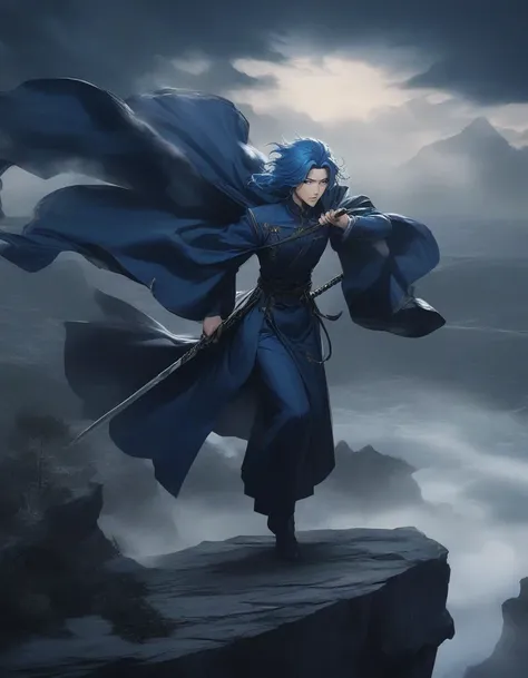 （an anime character with blue hair and blue eyes sits on a cliff） ,handsome guy in the art of slaying demons, wearing blue cloth...