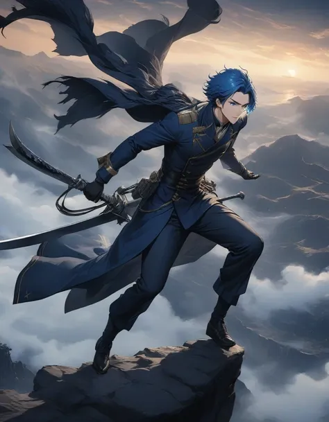 （an anime character with blue hair and blue eyes sits on a cliff） ,handsome guy in the art of slaying demons, wearing blue cloth...