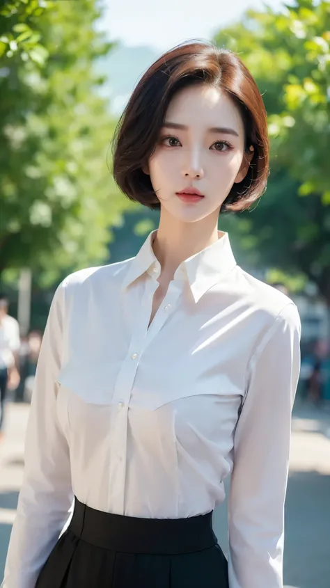 (((25 years old korean girl with white collared long shirt))), ((hazel eyes color, pale skin, bright skin, flawless skin)), (((perfect ideal body, slim waist, wide hips, perfect 38C breasts))), (((lust expression))), ((medium short hair and ears visible)),...