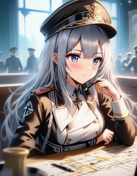 close-up of a young girl sitting at the table holding a pen,  ，making a battle plan，wearing iconic clothing，uniform，wearing a mi...