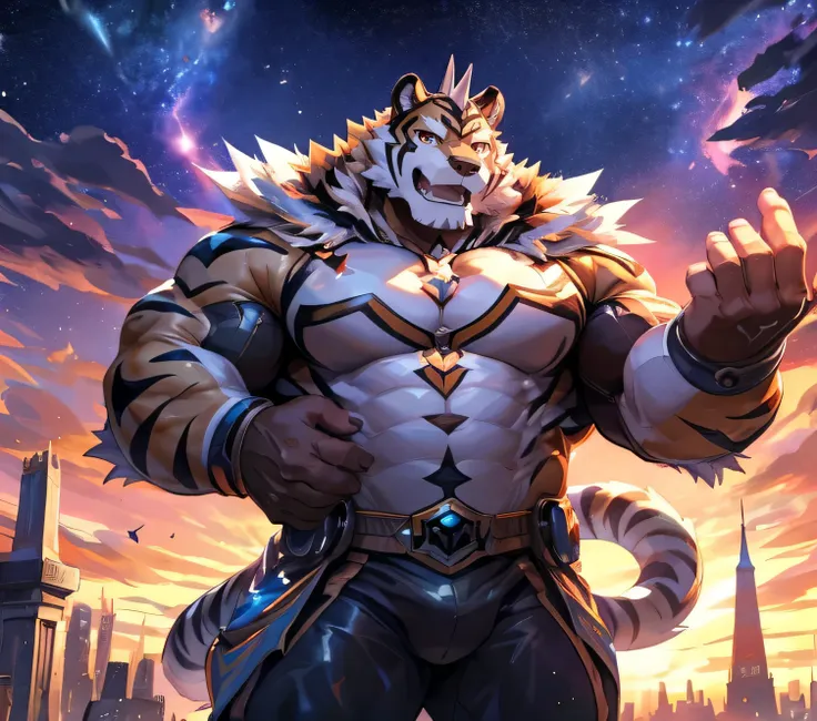 masterpiece,high quality,anime,detailed eyes,furry male white tiger, ryekie, great physique,strong arms manly, big city, standin...