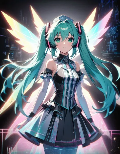 in style of blueprint art , in style of light tracing ,hatsune miku has a pair of transparent wings，royal sister clothing，wear i...