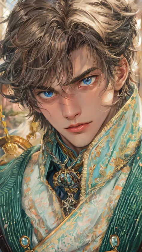 (absurdres, highres, ultra detailed, HDR), masterpiece, best quality, close-up portrait of a prince character from "Disney", a male hero in a detailed scenery town, detailed background scenery 