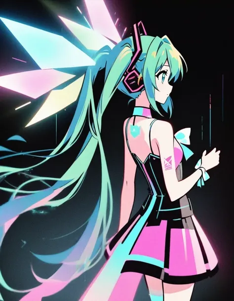 in style of comic book ，in style of light tracing ,hatsune miku is wearing a pair of transparent bows，back view，wear iconic outf...