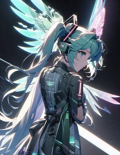 in style of light tracing ,in style of data visualization design ，（hatsune miku is singing with wings），side back，wear iconic out...